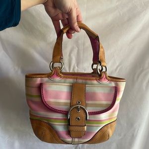 2010’s Pastel Stripes Coach Handbag with buckled pocket. Leather and canvas